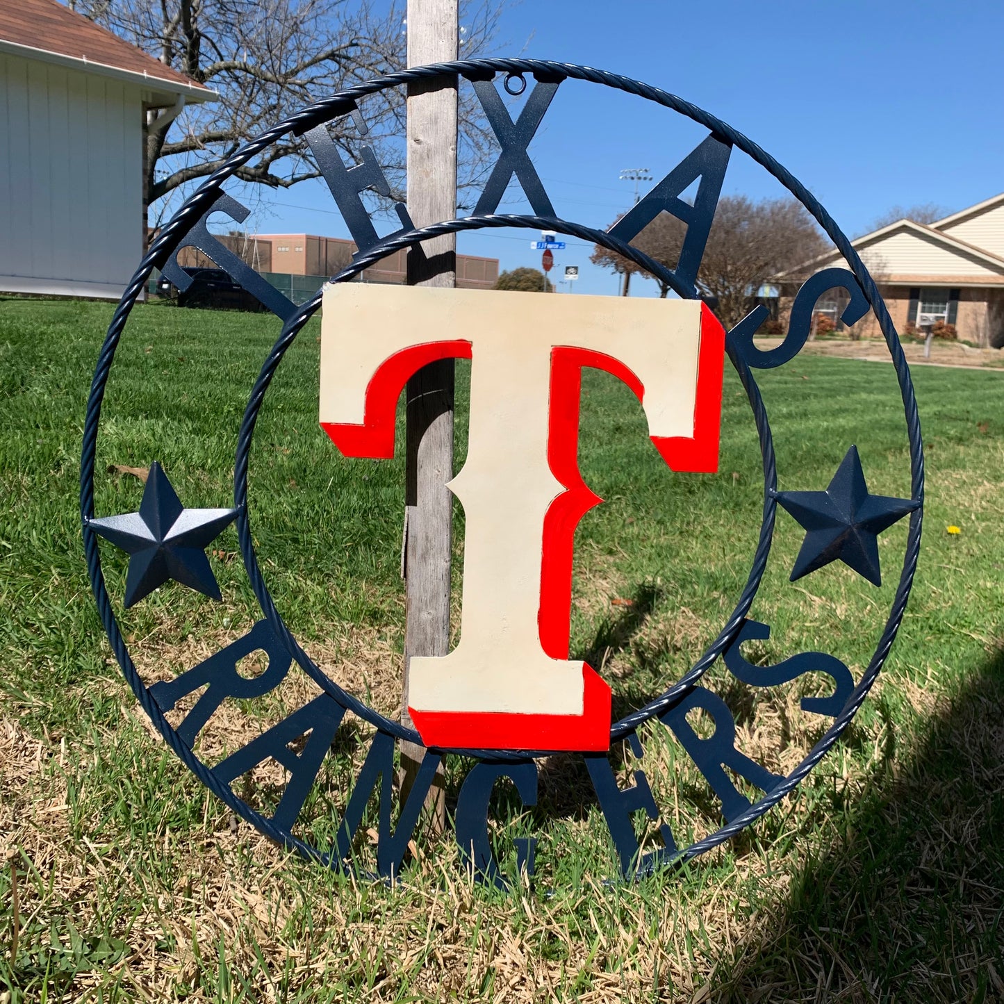 12", 18", 24", 32" TEXAS RANGERS BARN CUSTOM METAL VINTAGE CRAFT SIGN TEAM  WHITE & RED & NAVY BLUE RING & STAR HANDMADE