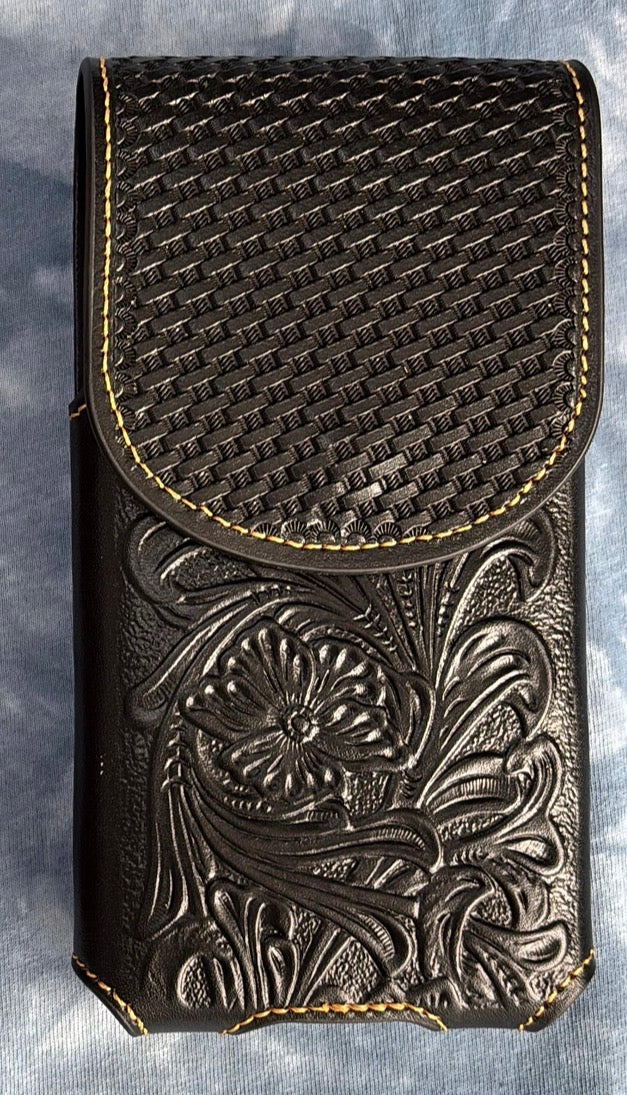 7" PLAIN FLORAL LEATHER HOLSTER BROWN STAR POUCH EXTRA LARGE  BELT LOOP CELL PHONE CASE UNIVERSAL OVERSIZE