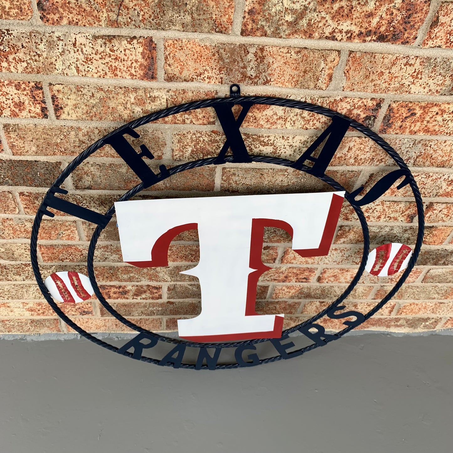 TEXAS RANGERS CUSTOM METAL VINTAGE CRAFT TEAM SIGN WHITE & RED & NAVY BLUE RING HANDMADE
