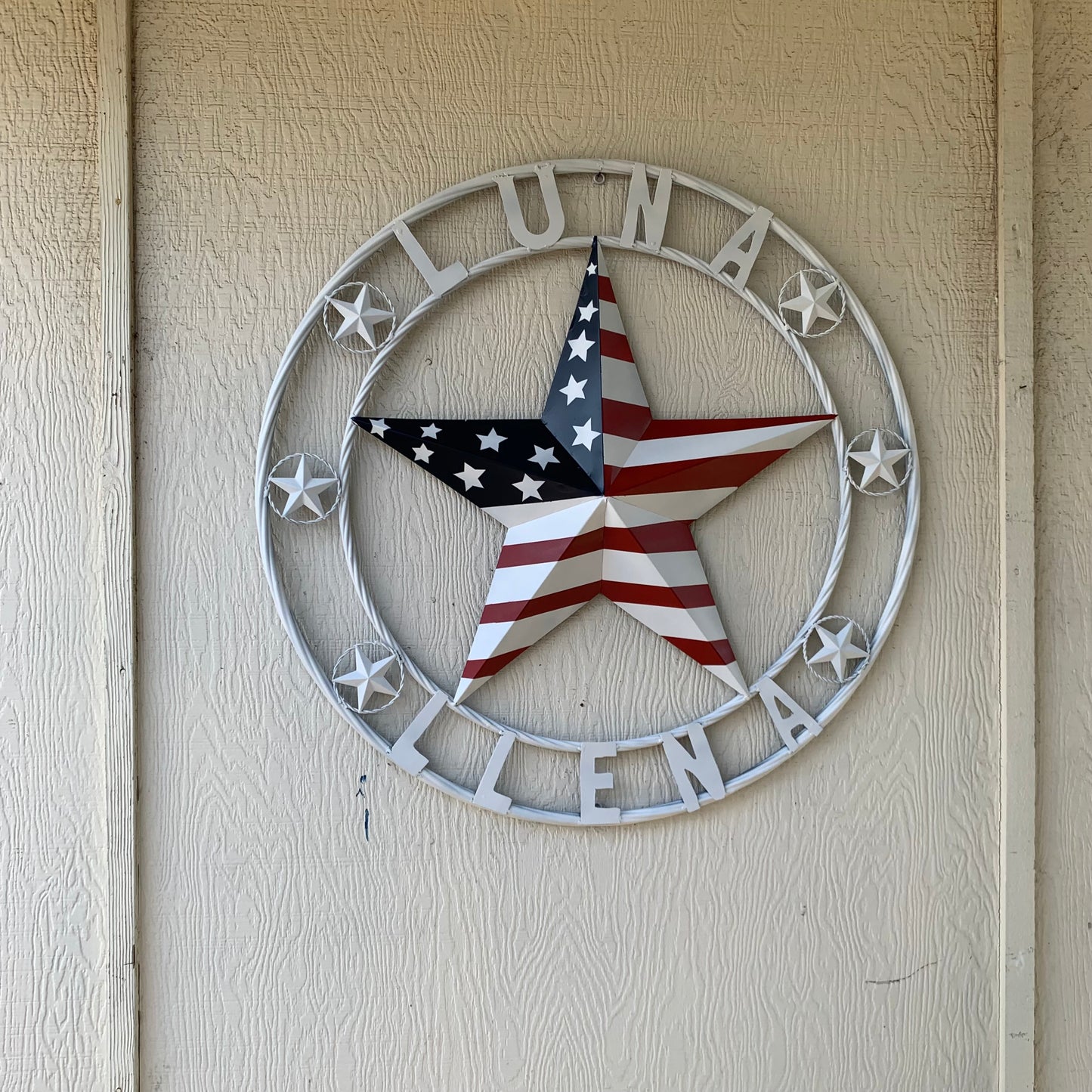 LUNA STYLE CUSTOM NAME BARN STAR METAL STAR 3d TWISTED ROPE RING WESTERN HOME DECOR USA FLAG STAR RED WHOTE & BLUE WITH WHITE RING HANDMADE 24",32",36",50"
