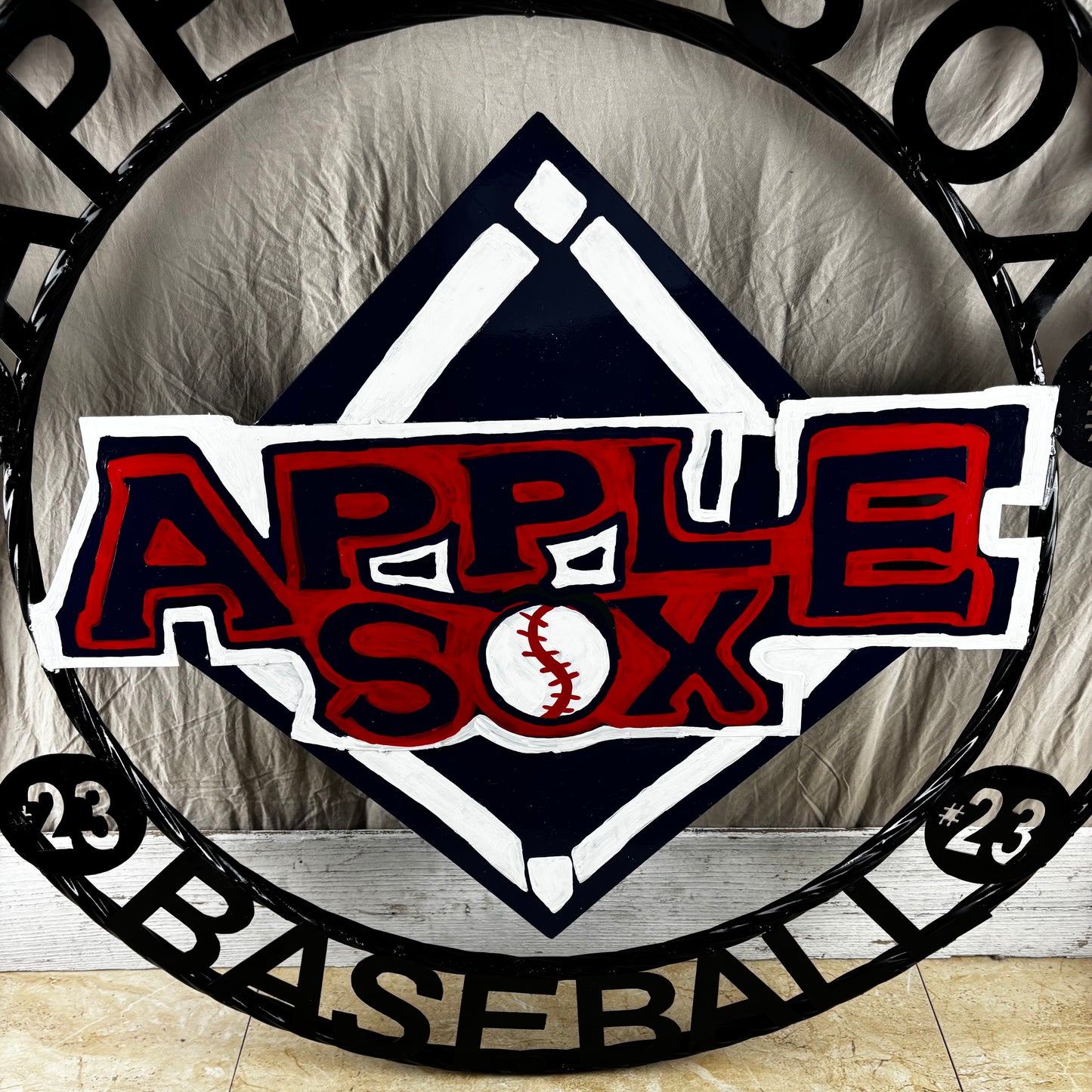 APPLE SOX BASEBALL CUSTOM METAL VINTAGE CRAFT SIGN TEAM NAVY BLUE WHITE RED HANDMADE