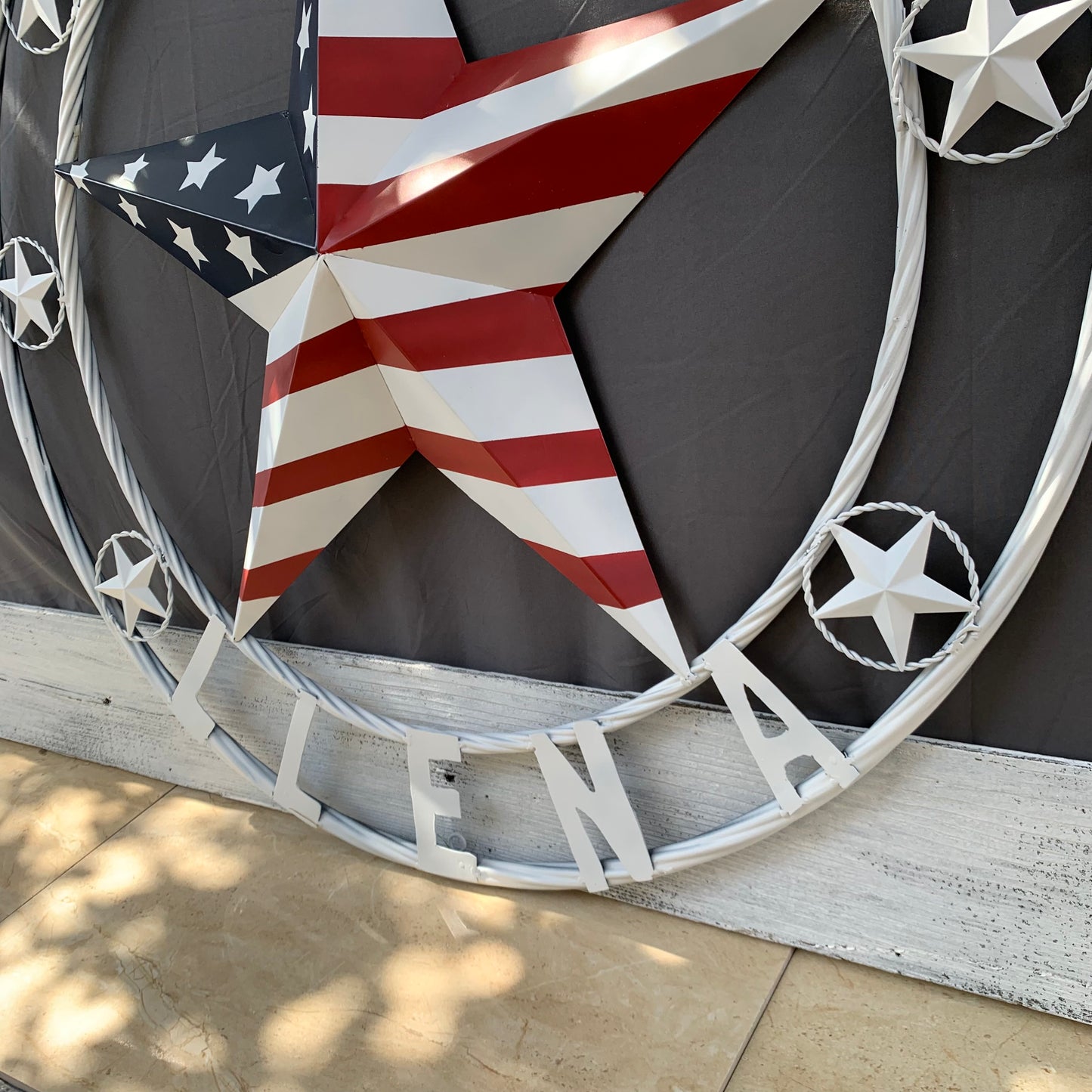 LUNA STYLE CUSTOM NAME BARN STAR METAL STAR 3d TWISTED ROPE RING WESTERN HOME DECOR USA FLAG STAR RED WHOTE & BLUE WITH WHITE RING HANDMADE 24",32",36",50"