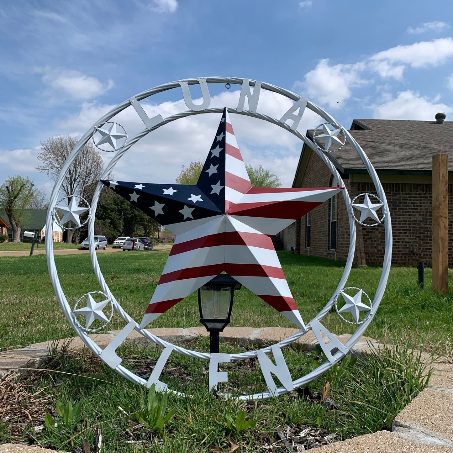 LUNA STYLE CUSTOM NAME BARN STAR METAL STAR 3d TWISTED ROPE RING WESTERN HOME DECOR USA FLAG STAR RED WHOTE & BLUE WITH WHITE RING HANDMADE 24",32",36",50"