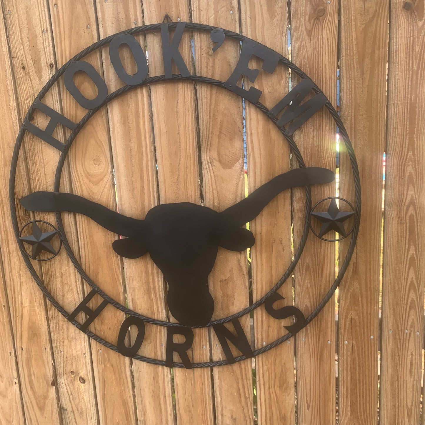 HOOKEM HORNS WITH LONE STAR TEXAS LONGHORNS HOOK EM BLACK METAL CUSTOM VINTAGE CRAFT WALL ART TEAM SIGN HANDMADE