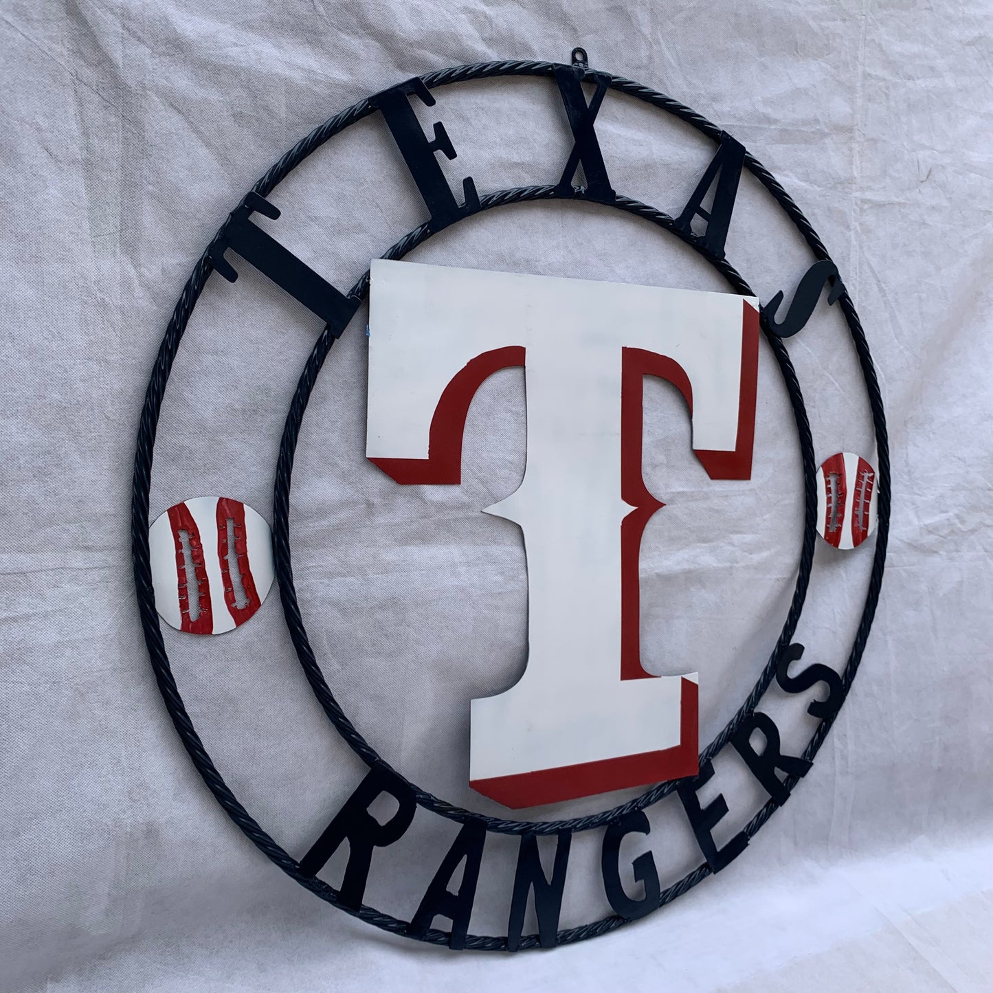 TEXAS RANGERS CUSTOM METAL VINTAGE CRAFT TEAM SIGN WHITE & RED & NAVY BLUE RING HANDMADE