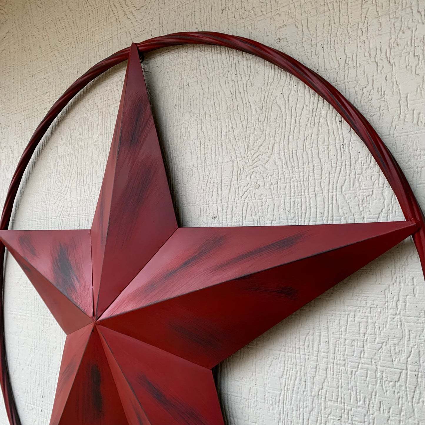 RED DISTRESSED STAR TWO TONE TEXTURE BARN STAR METAL LONESTAR TWISTED ROPE RING WESTERN HOME DECOR HANDMADE NEW #EH12958