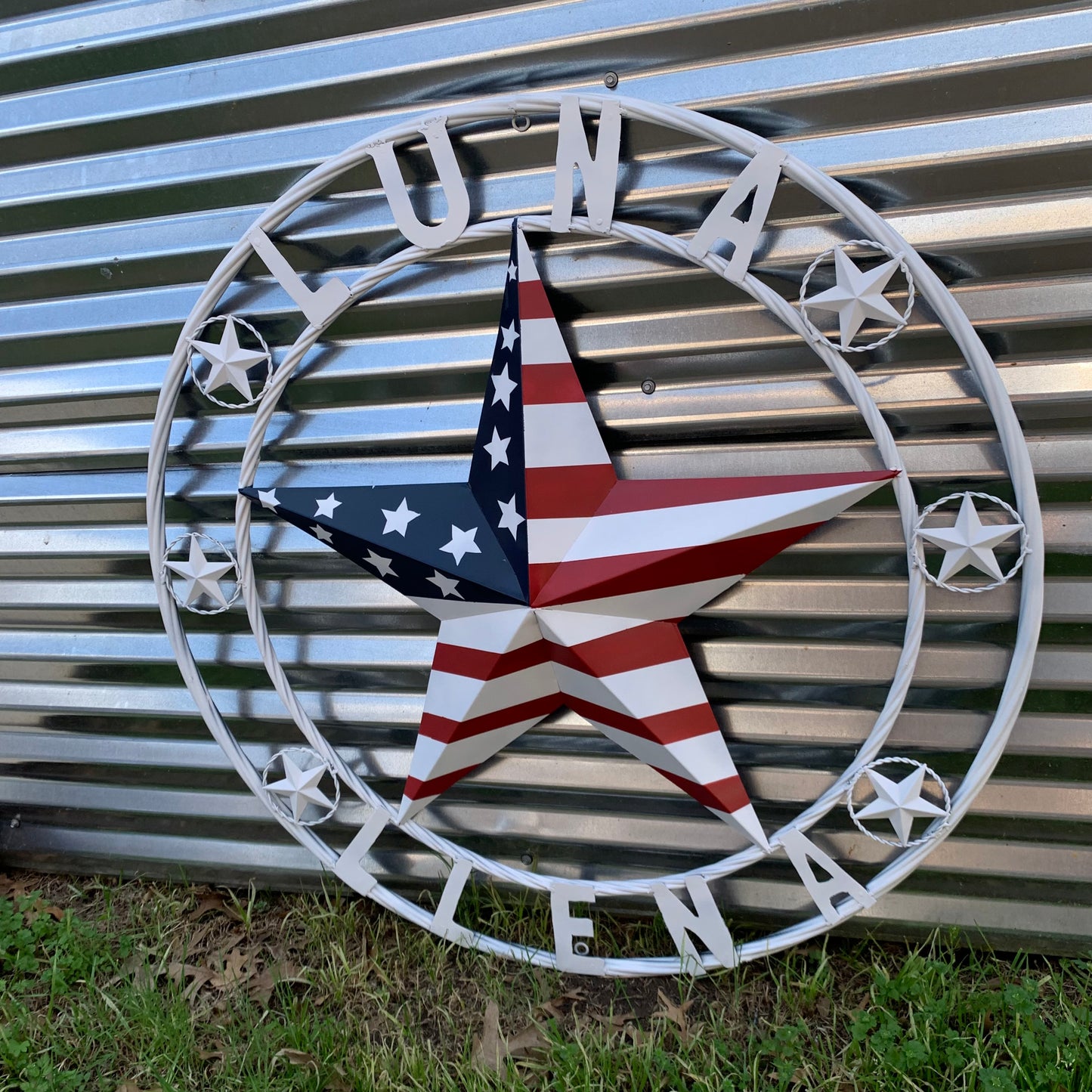 LUNA STYLE CUSTOM NAME BARN STAR METAL STAR 3d TWISTED ROPE RING WESTERN HOME DECOR USA FLAG STAR RED WHOTE & BLUE WITH WHITE RING HANDMADE 24",32",36",50"