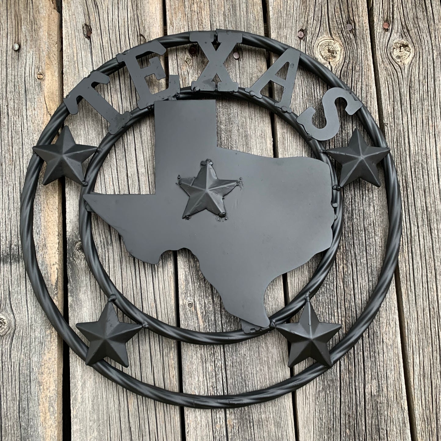 12" STATE OF TEXAS MAP RUSTIC BLACK TWISTED RING METAL SIGN WESTERN HOME DECOR HANDMADE NEW