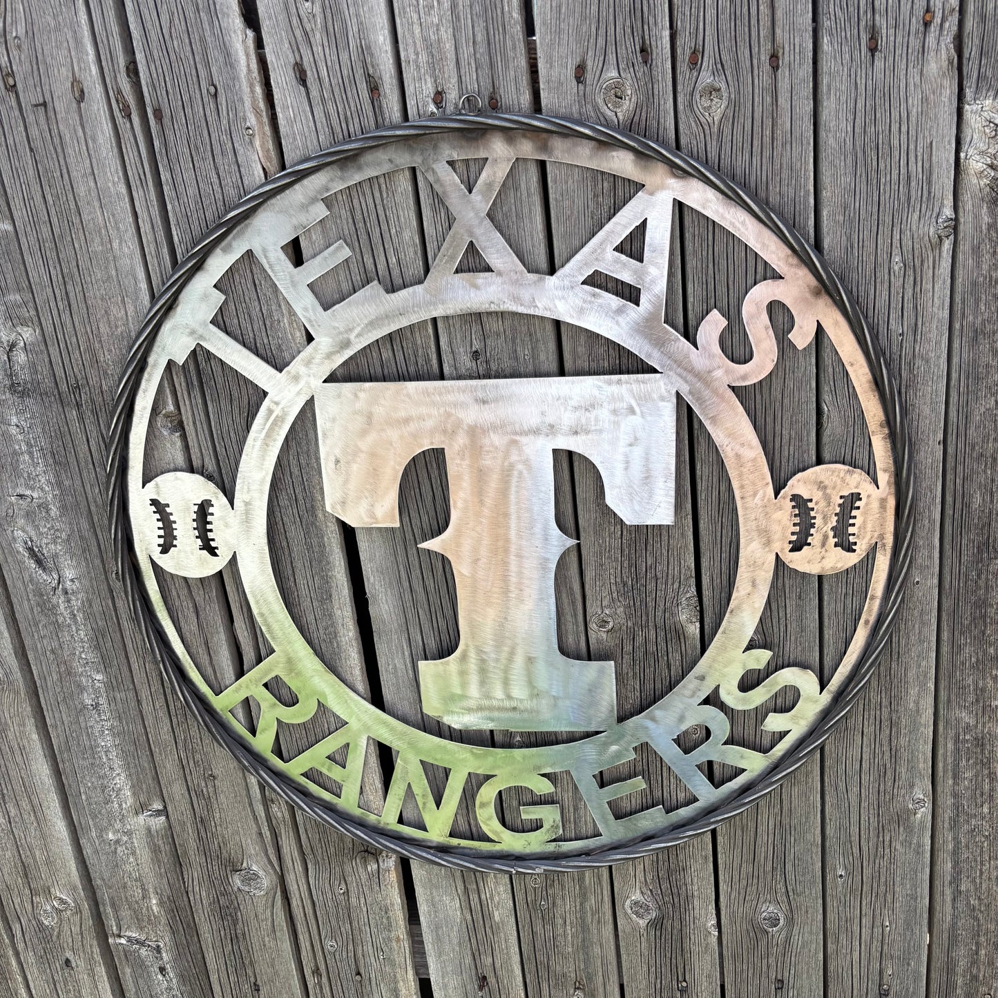 TEXAS RANGERS CUSTOM RAW METAL VINTAGE CRAFT TEAM SIGN TWISTED ROPE RING HANDMADE