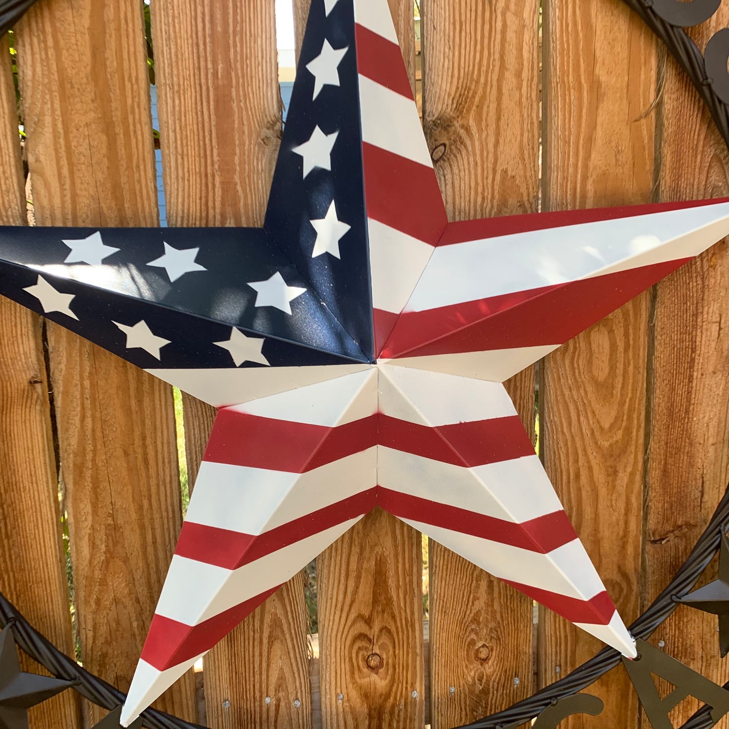 GOD BLESS AMERICA USA FLAG 3d STAR METAL BARN STAR BLACK TWISTED ROPE RING WALL ART WESTERN HOME DECOR RED WHITE & BLUE HANDMADE NEW #EH10490