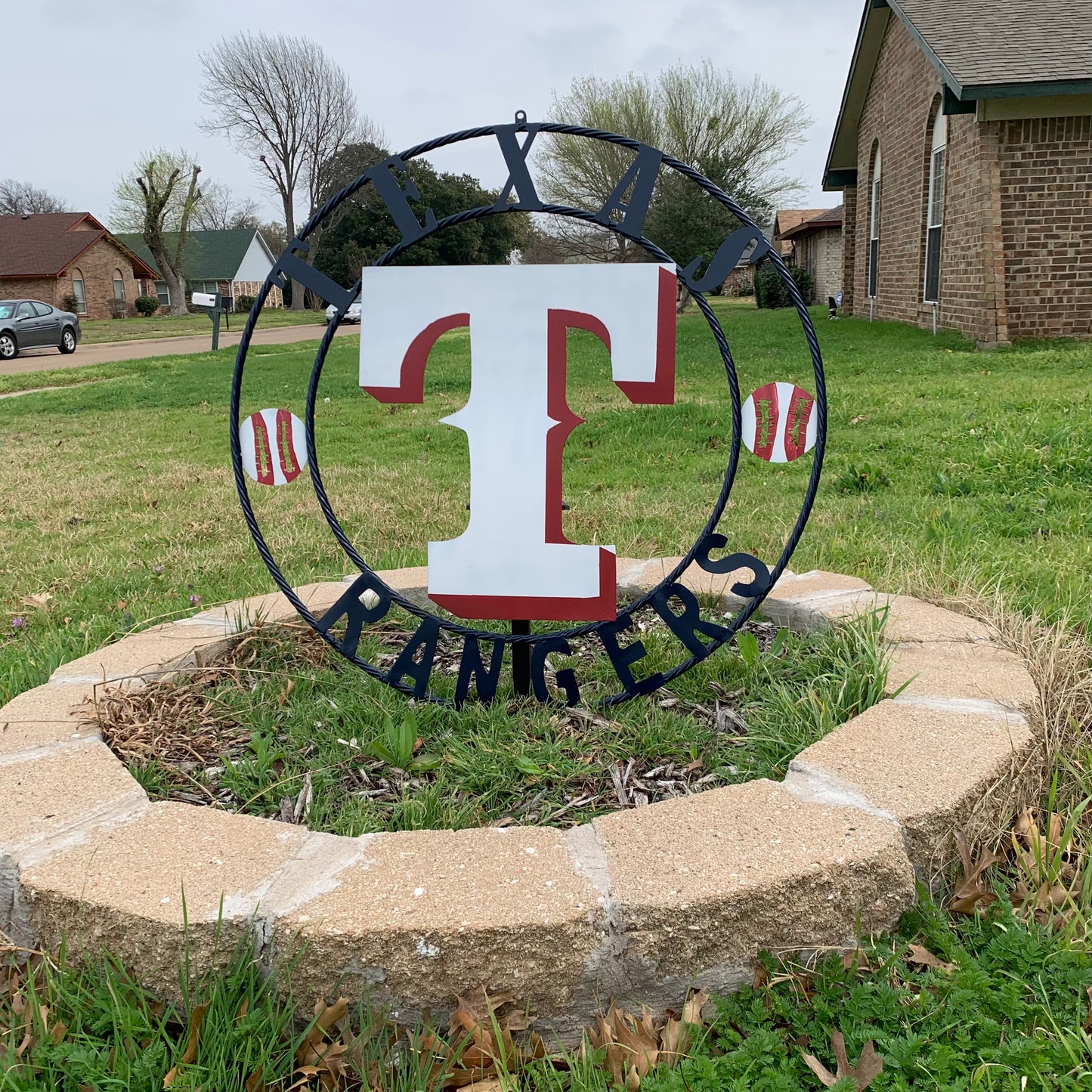 TEXAS RANGERS CUSTOM METAL VINTAGE CRAFT TEAM SIGN WHITE & RED & NAVY BLUE RING HANDMADE