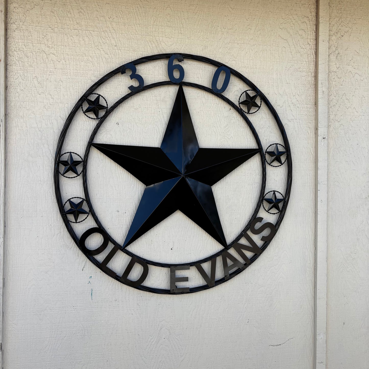 360 OLD EVANS STYLE CUSTOM STAR NAME BARN METAL STAR 3d TWISTED ROPE RING WESTERN HOME DECOR RUSTIC BLACK HANDMADE 24",32",36",50"