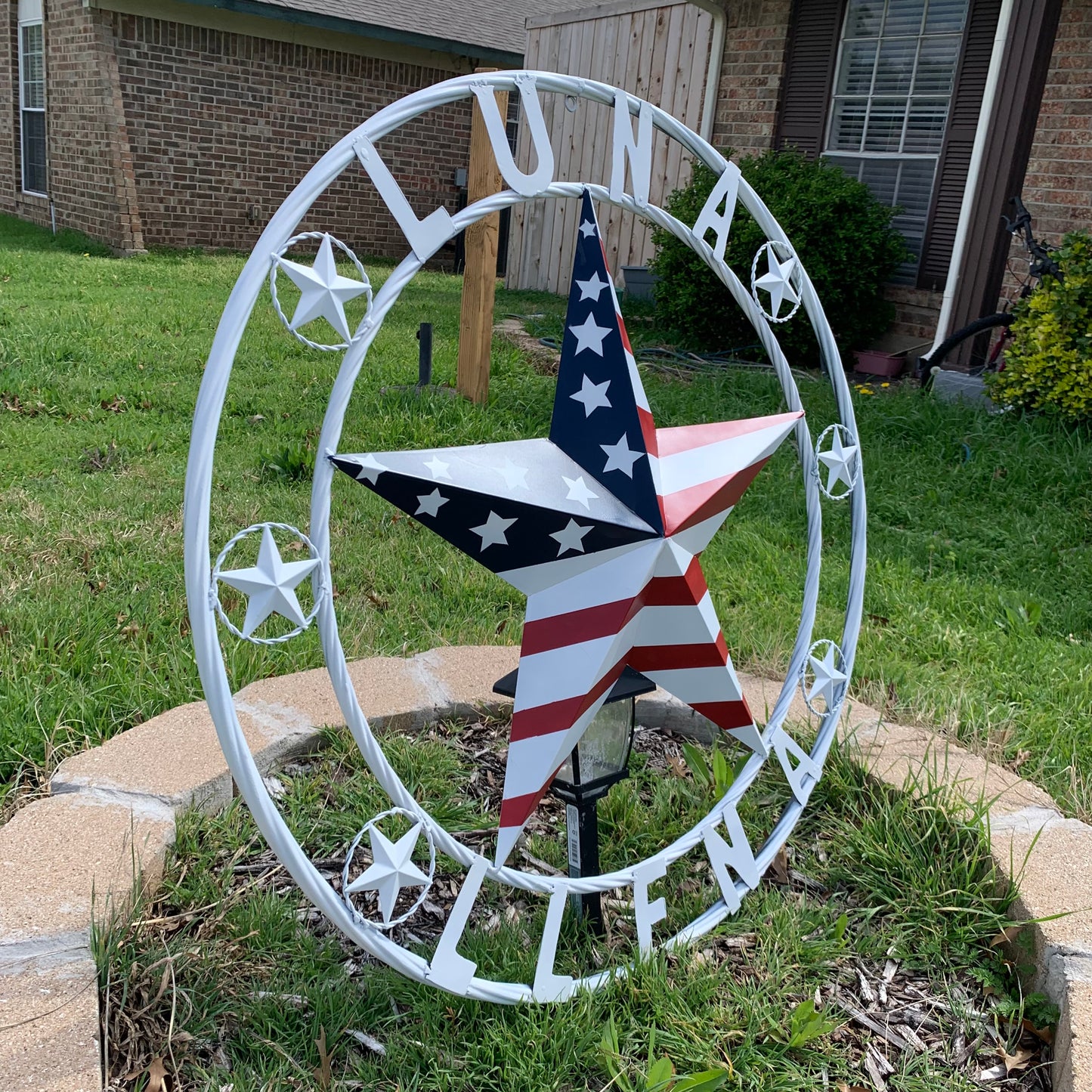 LUNA STYLE CUSTOM NAME BARN STAR METAL STAR 3d TWISTED ROPE RING WESTERN HOME DECOR USA FLAG STAR RED WHOTE & BLUE WITH WHITE RING HANDMADE 24",32",36",50"