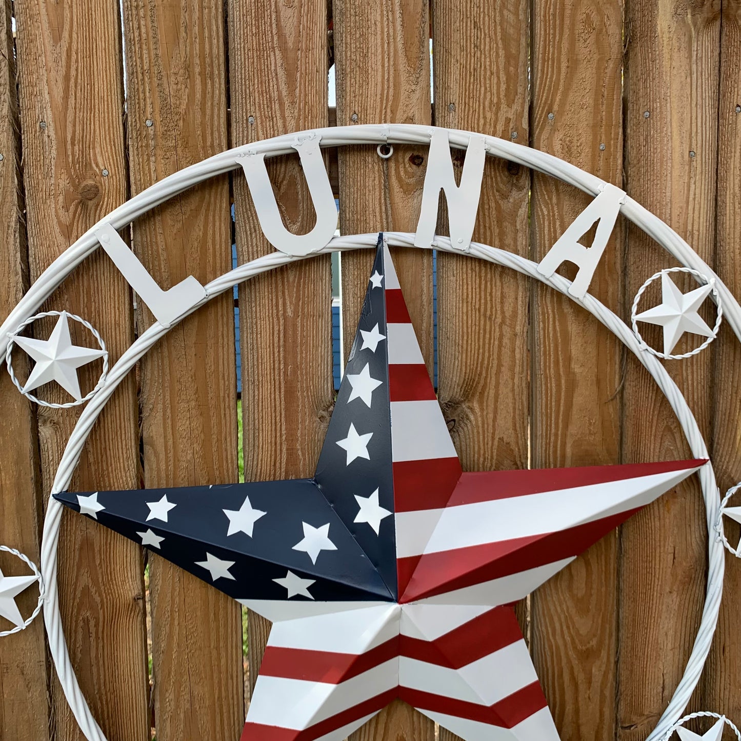 LUNA STYLE CUSTOM NAME BARN STAR METAL STAR 3d TWISTED ROPE RING WESTERN HOME DECOR USA FLAG STAR RED WHOTE & BLUE WITH WHITE RING HANDMADE 24",32",36",50"