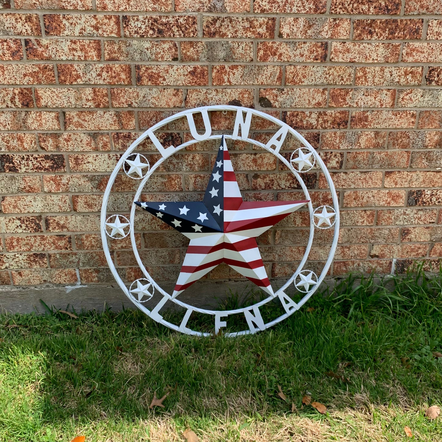 LUNA STYLE CUSTOM NAME BARN STAR METAL STAR 3d TWISTED ROPE RING WESTERN HOME DECOR USA FLAG STAR RED WHOTE & BLUE WITH WHITE RING HANDMADE 24",32",36",50"