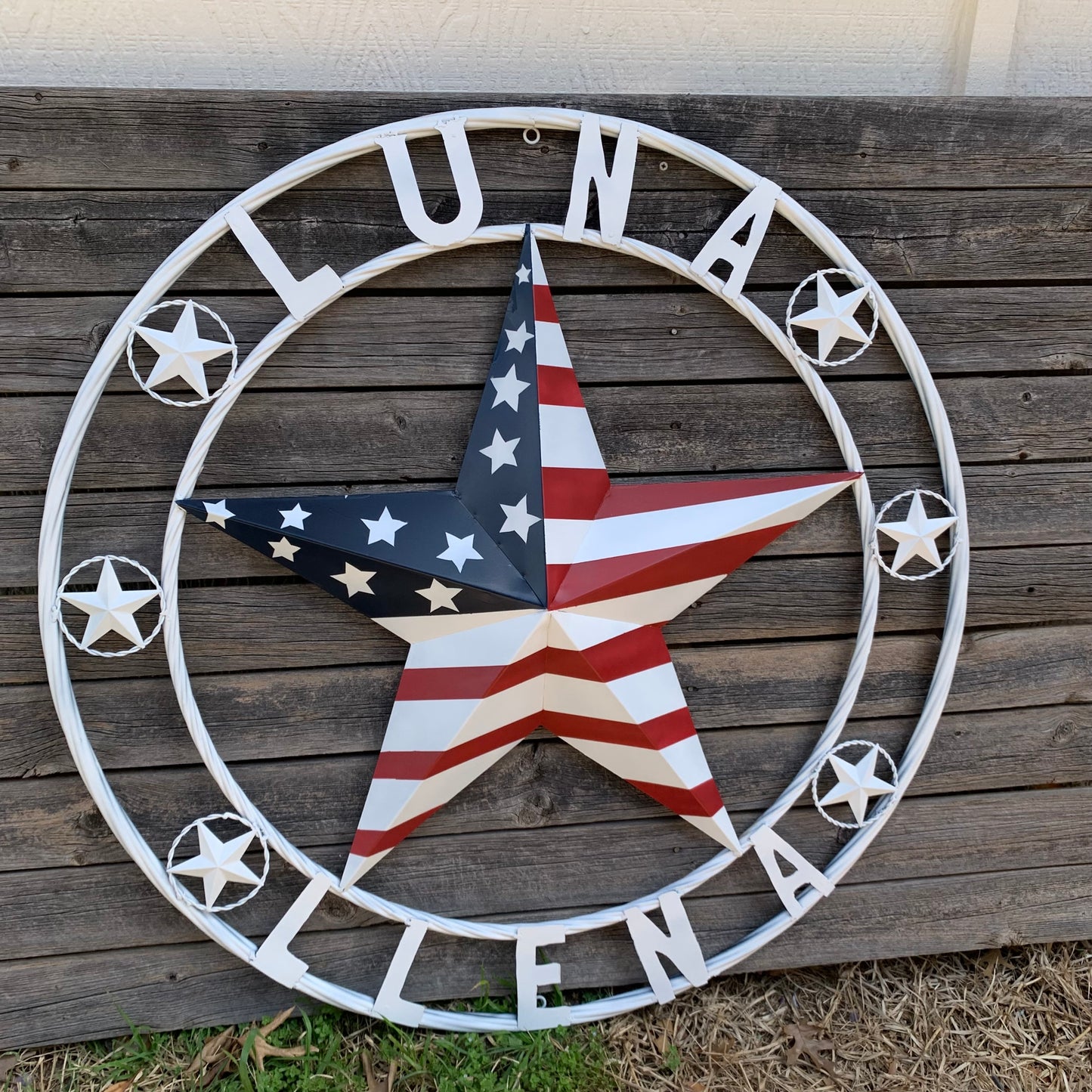 LUNA STYLE CUSTOM NAME BARN STAR METAL STAR 3d TWISTED ROPE RING WESTERN HOME DECOR USA FLAG STAR RED WHOTE & BLUE WITH WHITE RING HANDMADE 24",32",36",50"