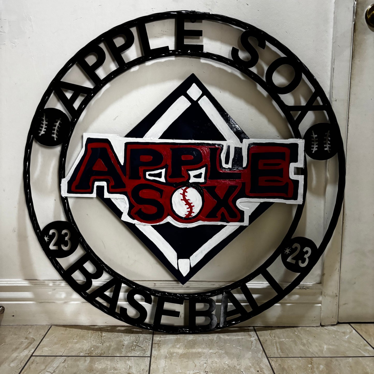 APPLE SOX BASEBALL CUSTOM METAL VINTAGE CRAFT SIGN TEAM NAVY BLUE WHITE RED HANDMADE
