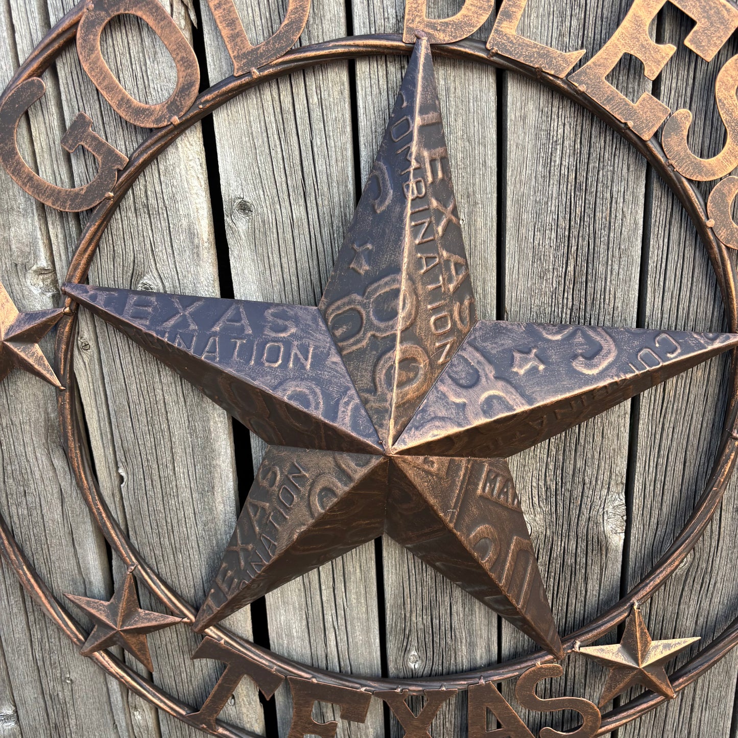 GOD BLESS TEXAS LICENSE PLATE EMBOSSED STAR BARN STAR METAL LONE STAR WESTERN HOME DECOR HANDMADE