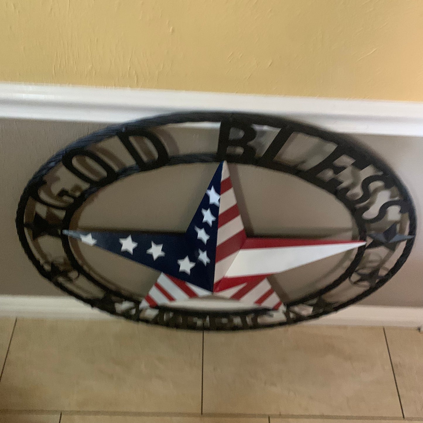 GOD BLESS AMERICA USA FLAG 3d STAR METAL BARN STAR BLACK TWISTED ROPE RING WALL ART WESTERN HOME DECOR RED WHITE & BLUE HANDMADE NEW #EH10490