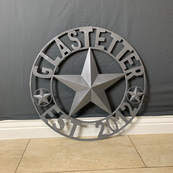 GLASTETTER STYLE YOUR CUSTOM NAME BARN STAR 3d METAL LONE STAR TWISTED ROPE RING WESTERN HOME DECOR RUSTIC GREY HANDMADE 24",32",36",50"