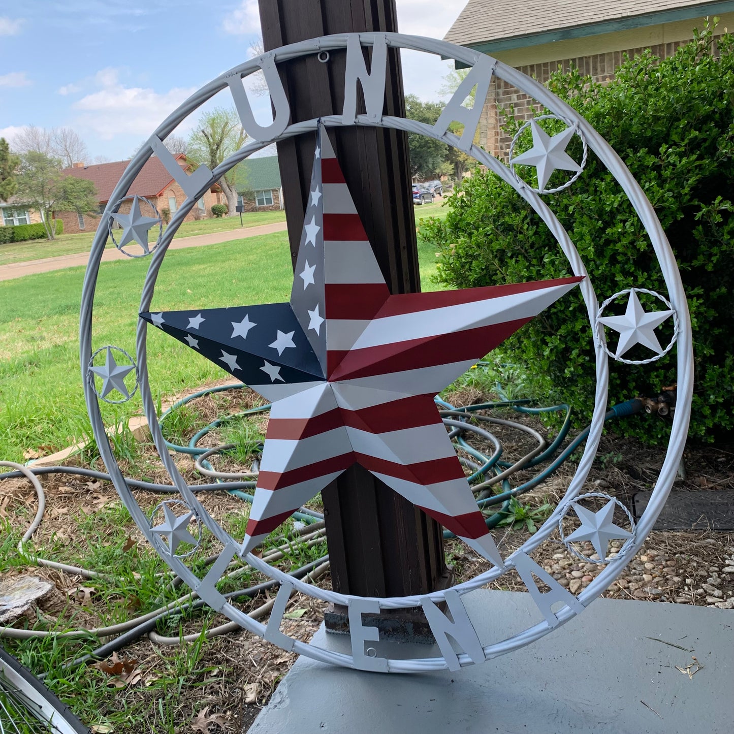 LUNA STYLE CUSTOM NAME BARN STAR METAL STAR 3d TWISTED ROPE RING WESTERN HOME DECOR USA FLAG STAR RED WHOTE & BLUE WITH WHITE RING HANDMADE 24",32",36",50"