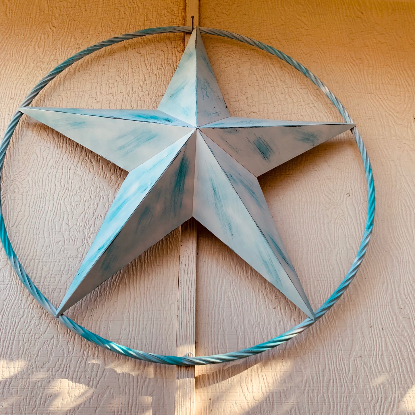 #EH11219 TURQUOISE WHITE DISTRESSED STAR TWO TONE TEXTURE BARN STAR METAL LONESTAR TWISTED ROPE RING WESTERN HOME DECOR HANDMADE NEW
