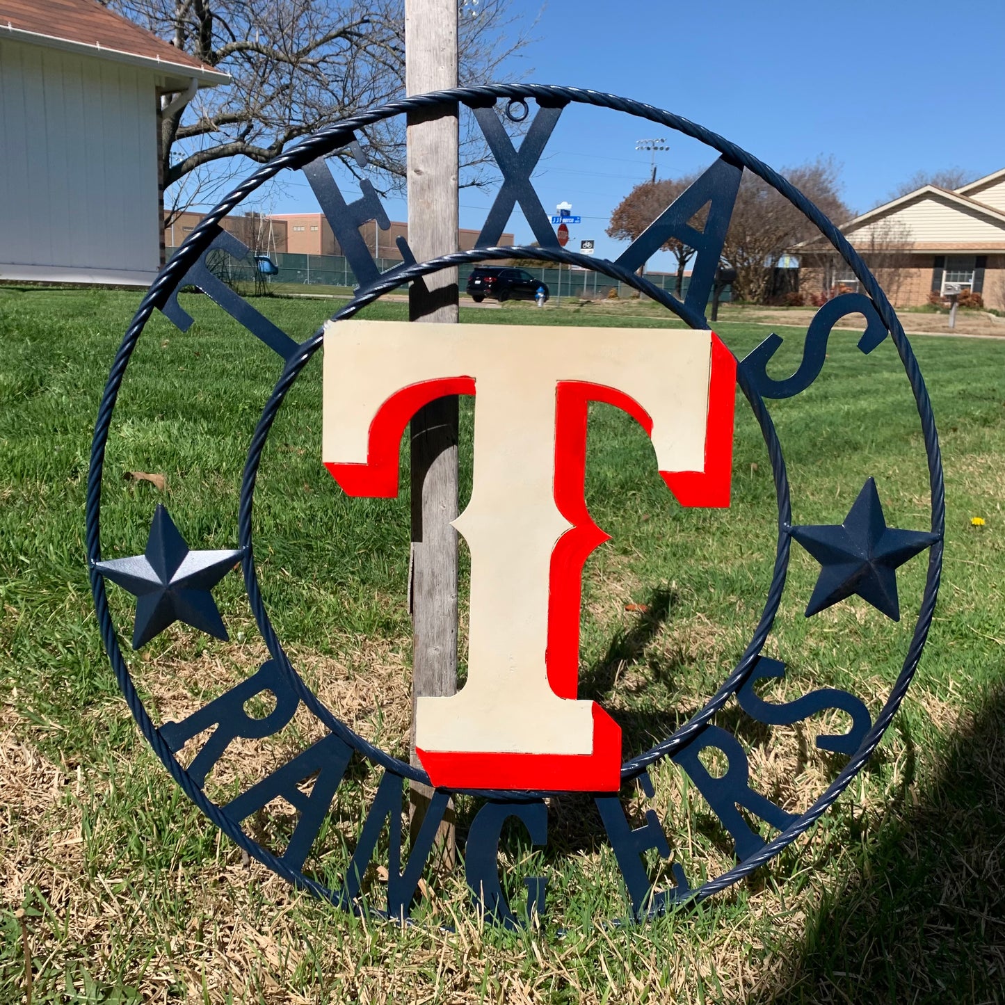12", 18", 24", 32" TEXAS RANGERS BARN CUSTOM METAL VINTAGE CRAFT SIGN TEAM  WHITE & RED & NAVY BLUE RING & STAR HANDMADE
