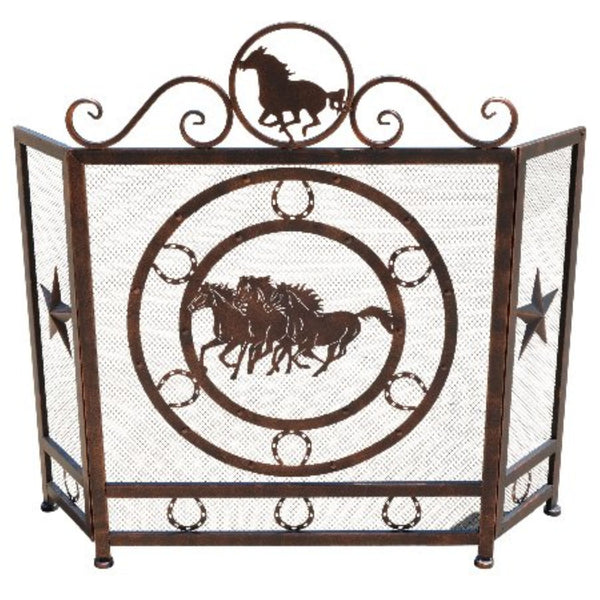 METAL HEAVY RUNNING HORSES FIREPLACE SCREEN WESTERN HOME DECOR HANDMADE #DE22494, SIZE 43.5" X 34.5"