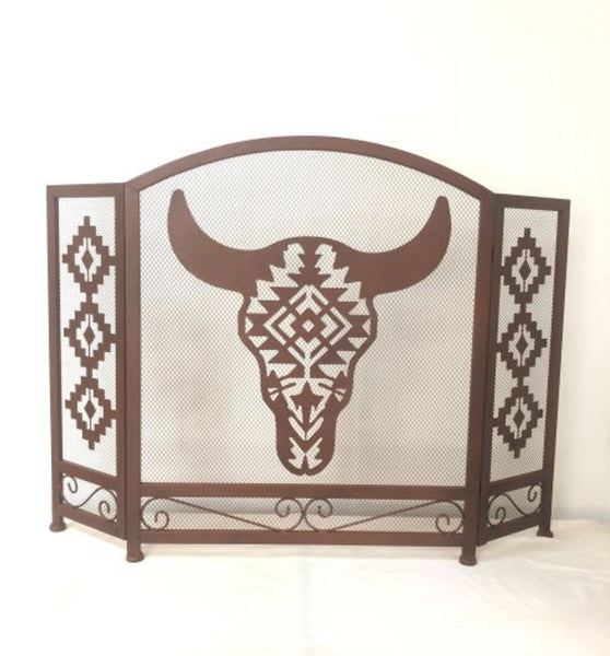 METAL HEAVY HEAVY SKULL DEL TORO FIREPLACE SCREEN WESTERN HOME DECOR HANDMADE #DE22495, SIZE 43.5" X 31"