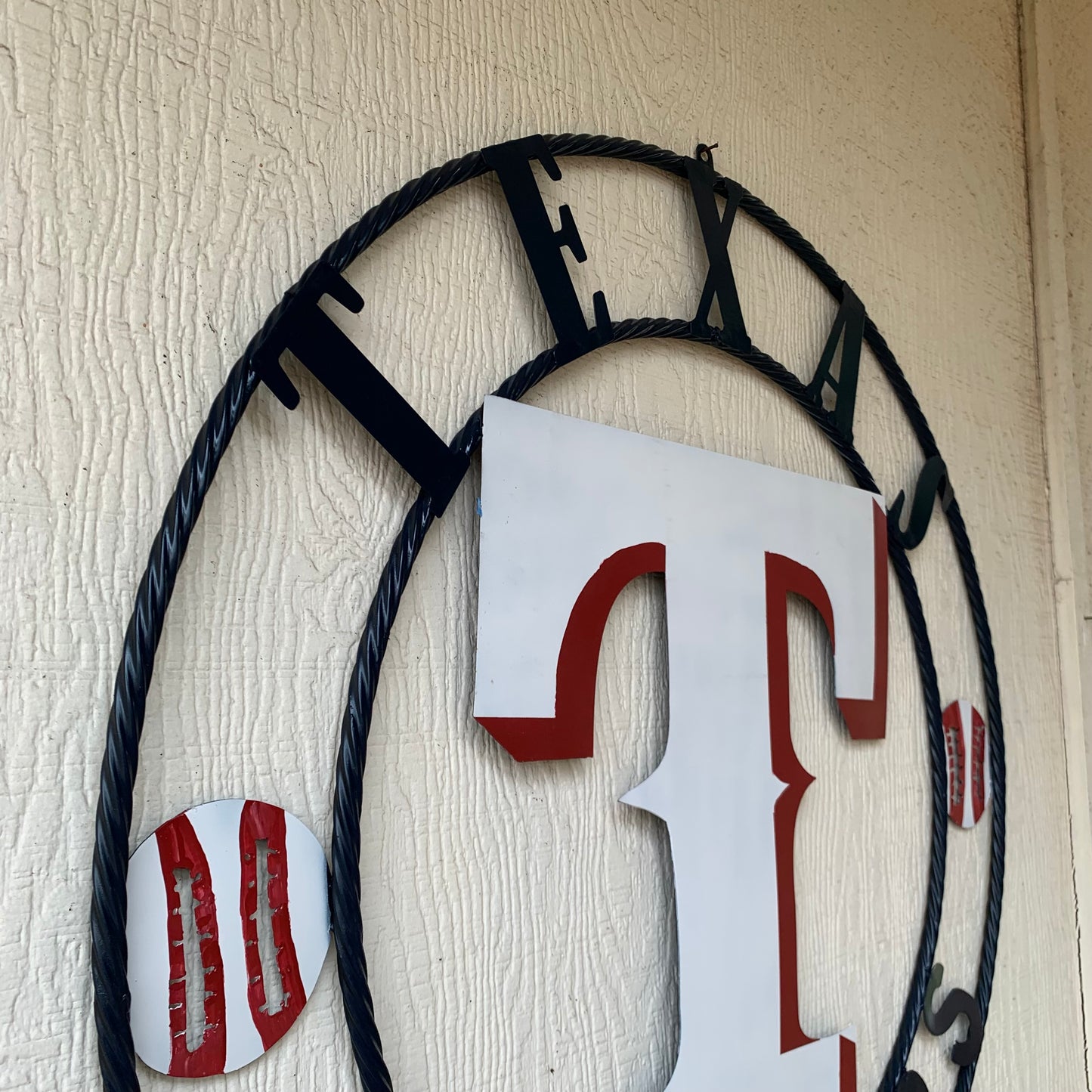TEXAS RANGERS CUSTOM METAL VINTAGE CRAFT TEAM SIGN WHITE & RED & NAVY BLUE RING HANDMADE