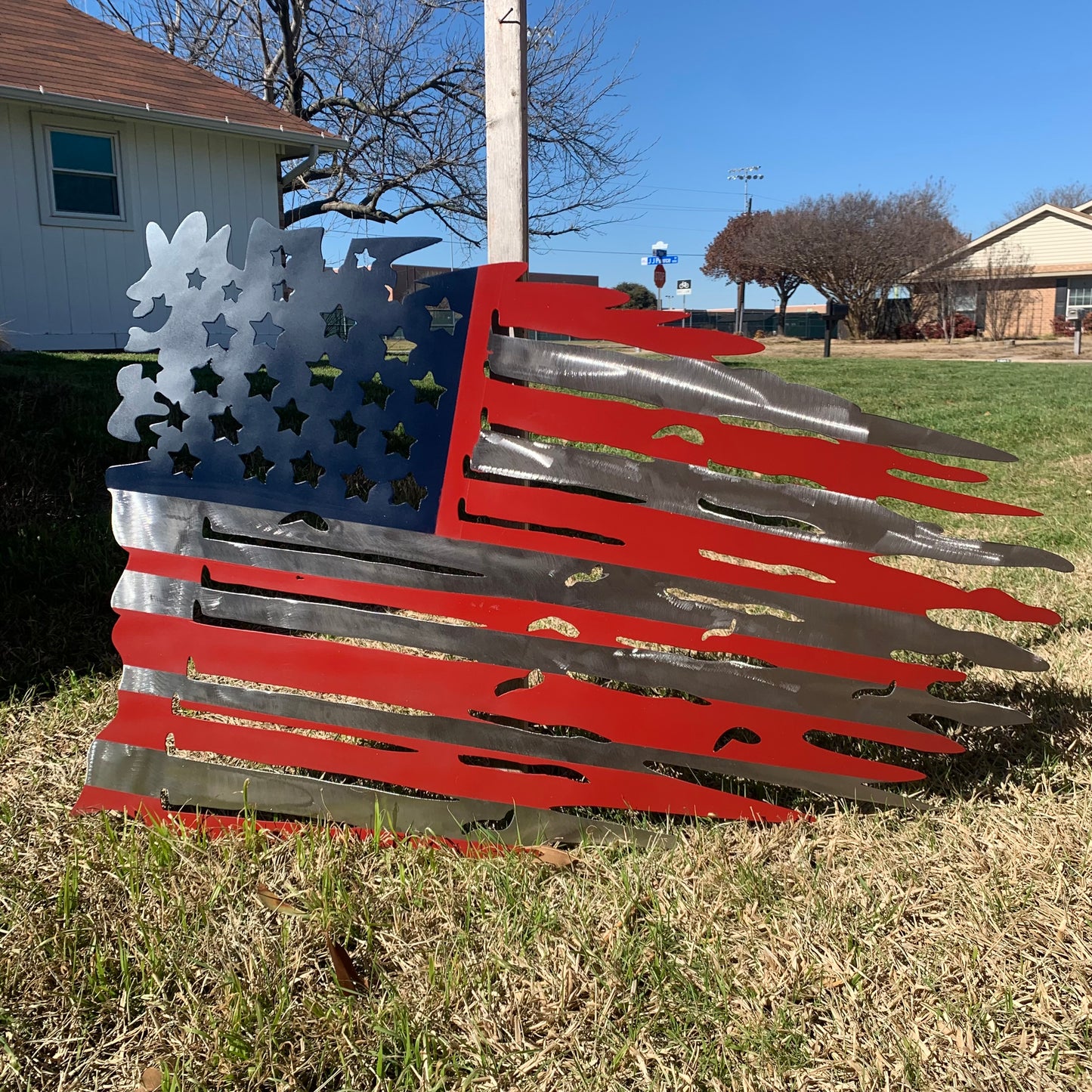 USA TATTERED AMERICAN FLAG METAL WALL ART WESTERN HOME DECOR HANDMADE NEW