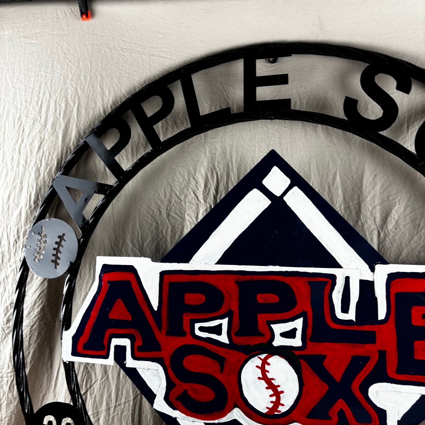 APPLE SOX BASEBALL CUSTOM METAL VINTAGE CRAFT SIGN TEAM NAVY BLUE WHITE RED HANDMADE