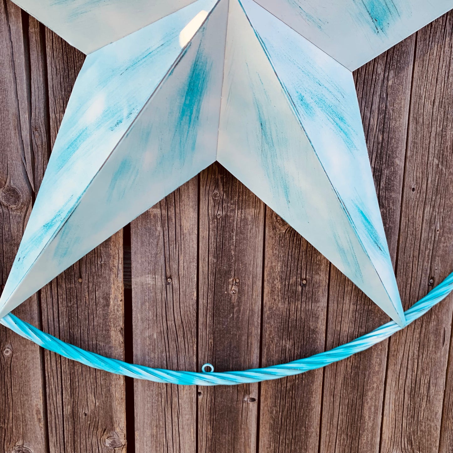 #EH11219 TURQUOISE WHITE DISTRESSED STAR TWO TONE TEXTURE BARN STAR METAL LONESTAR TWISTED ROPE RING WESTERN HOME DECOR HANDMADE NEW