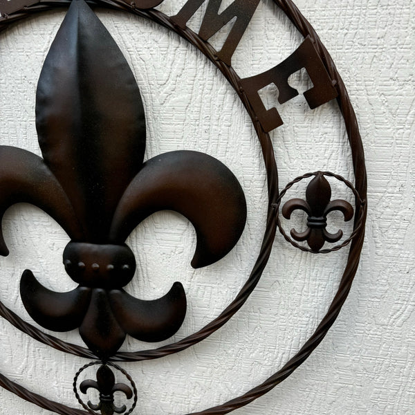 24" WELCOME FLEUR DE LIS METAL WALL ART WESTERN HOME DECOR BROWN NEW #EH11997