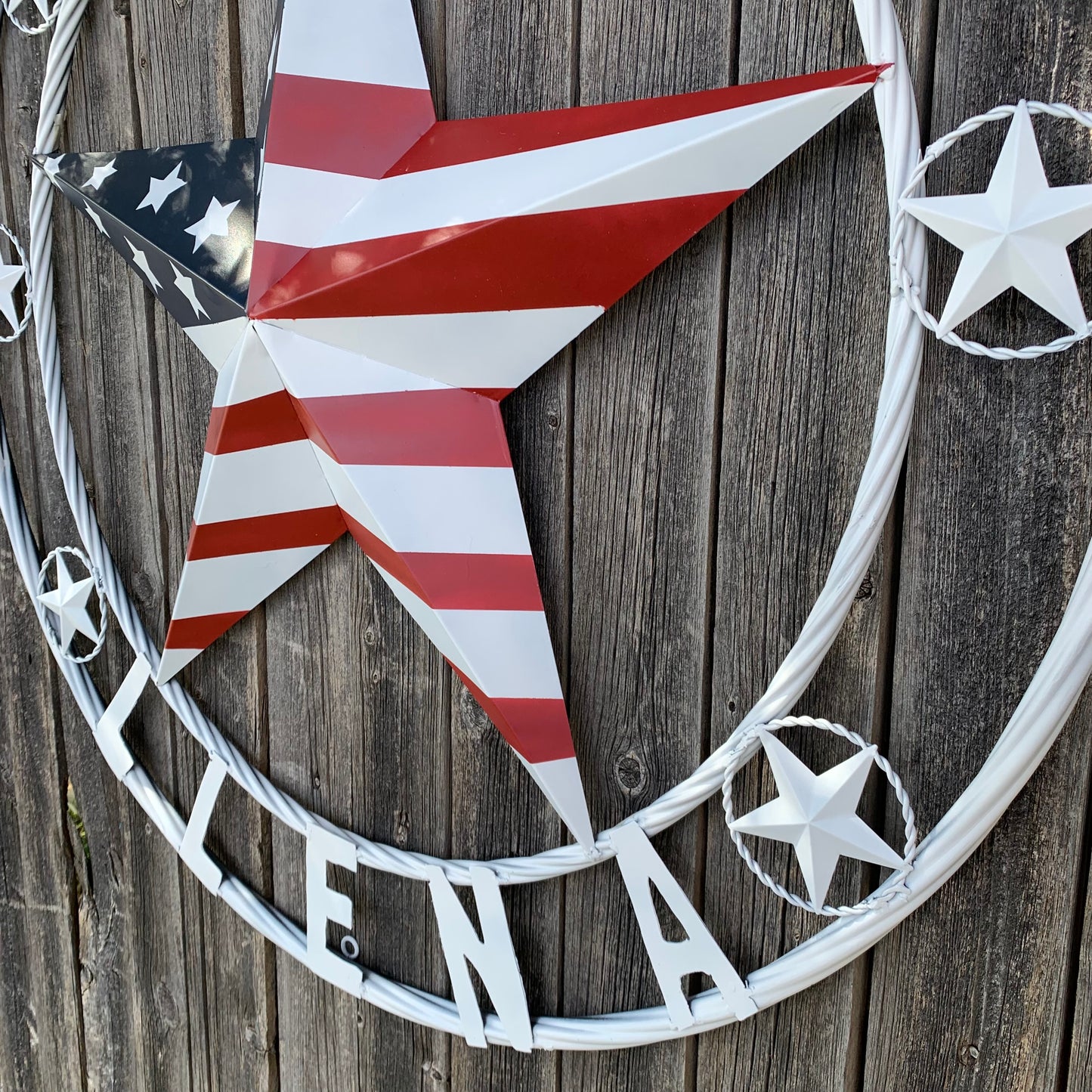 LUNA STYLE CUSTOM NAME BARN STAR METAL STAR 3d TWISTED ROPE RING WESTERN HOME DECOR USA FLAG STAR RED WHOTE & BLUE WITH WHITE RING HANDMADE 24",32",36",50"