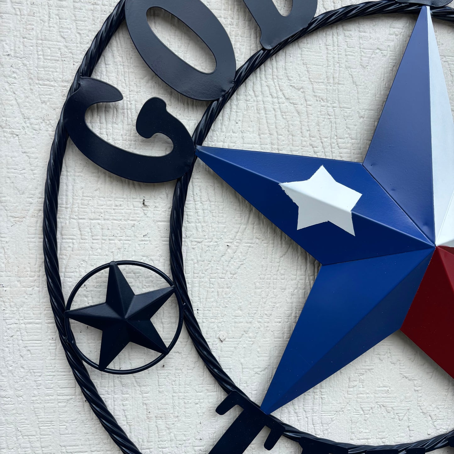 GOD BLESS TEXAS BARN STAR RED WHITE BLUE STAR WITH NAVY BLUE RING LONE STAR TWISTED ROPE RING WESTERN HOME DECOR HANDMADE