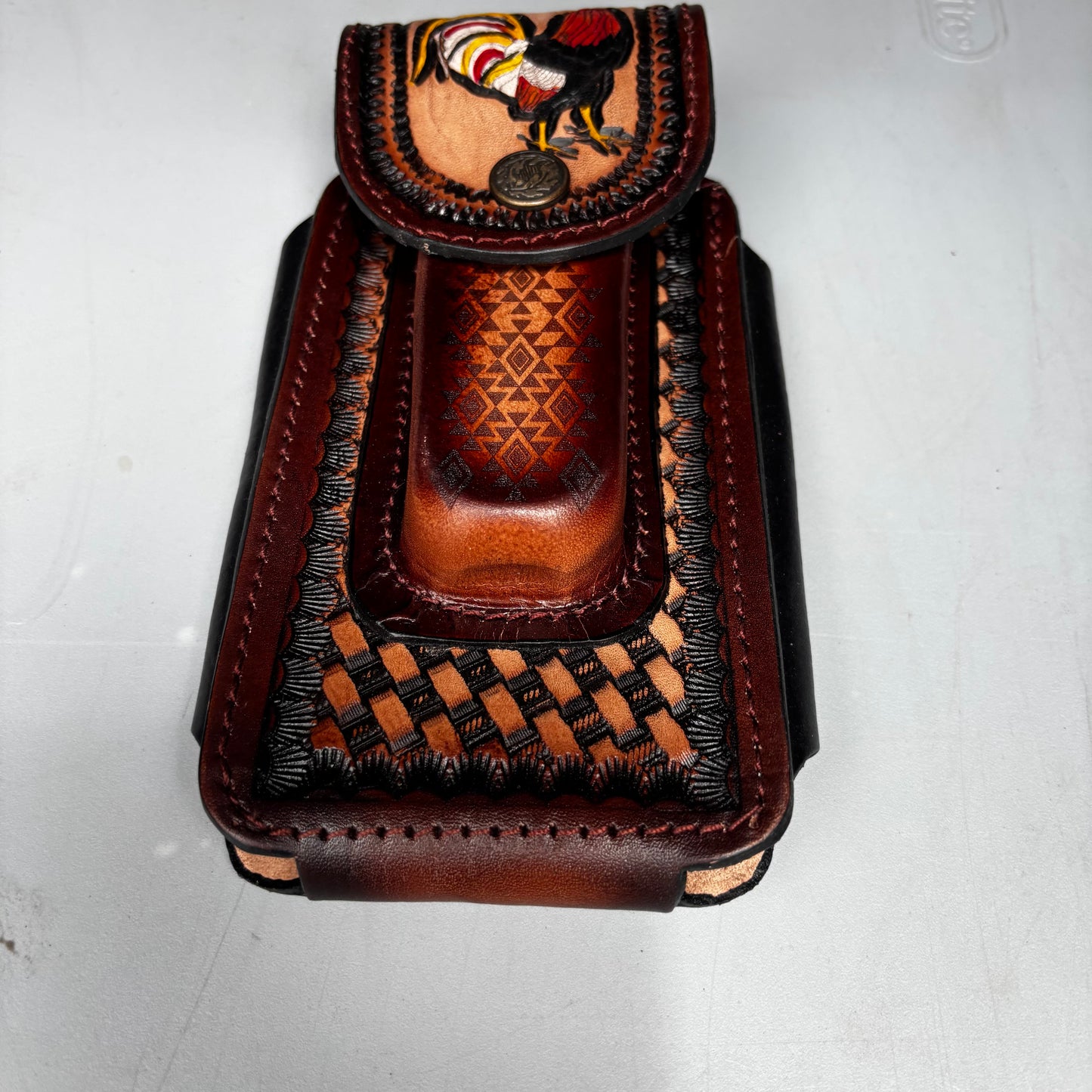 ROOSTER LEATHER HOLSTER 7" PHONE POUCH WITH KNIFE HOLDER FRONT EXTRA LARGE  BELT LOOP CELL PHONE CASE UNIVERSAL OVERSIZE MADE IN MEXICO #EH13860
