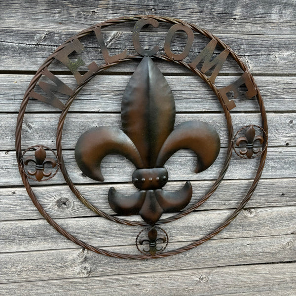 24" WELCOME FLEUR DE LIS METAL WALL ART WESTERN HOME DECOR BROWN NEW #EH11997