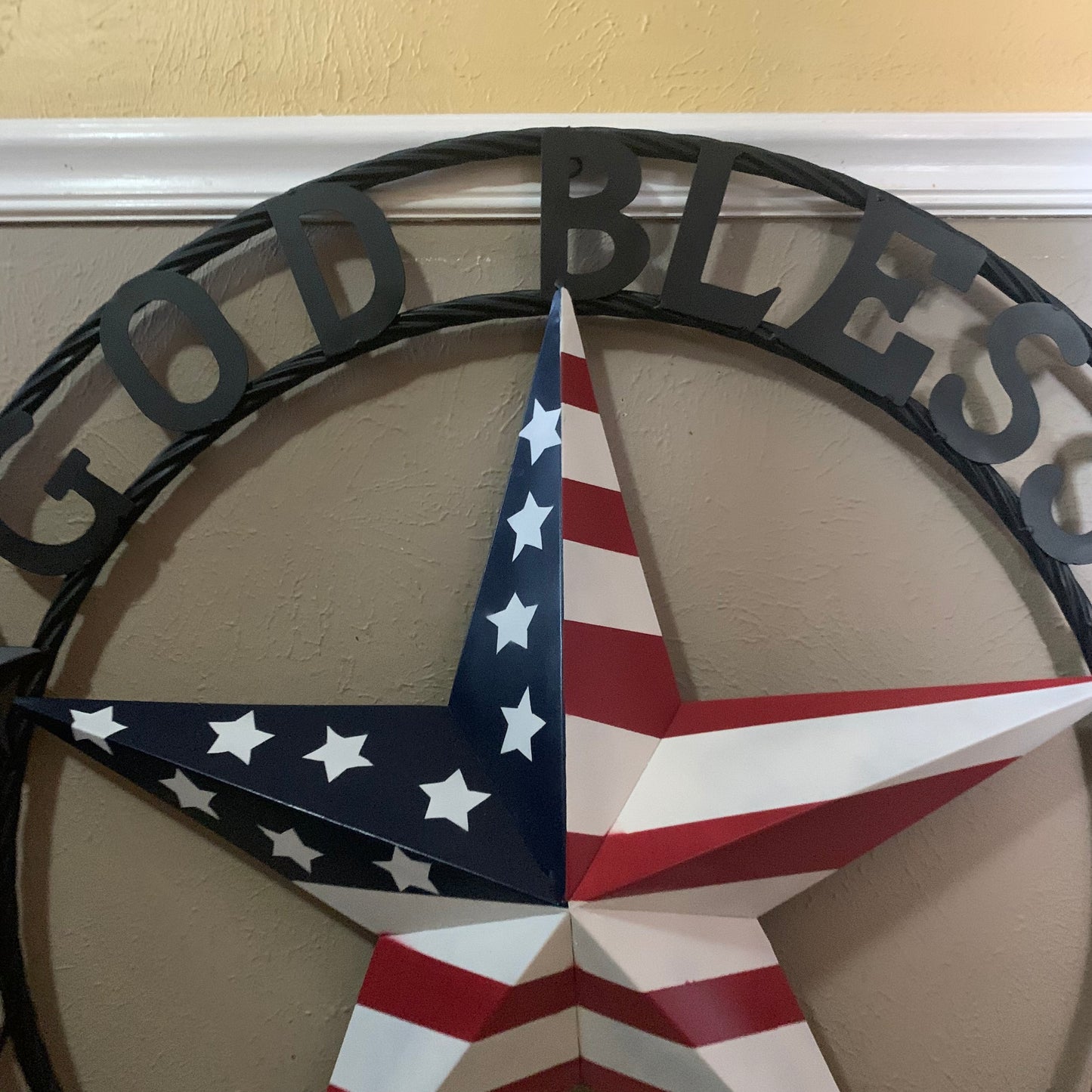 GOD BLESS AMERICA USA FLAG 3d STAR METAL BARN STAR BLACK TWISTED ROPE RING WALL ART WESTERN HOME DECOR RED WHITE & BLUE HANDMADE NEW #EH10490