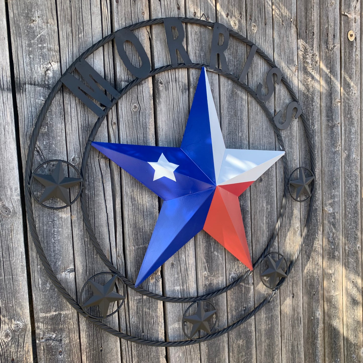 MORRISS TEXAS FLAG STYLE CUSTOM NAME STAR TWISTED ROPE BLACK RING WESTERN HOME DECOR HANDMADE