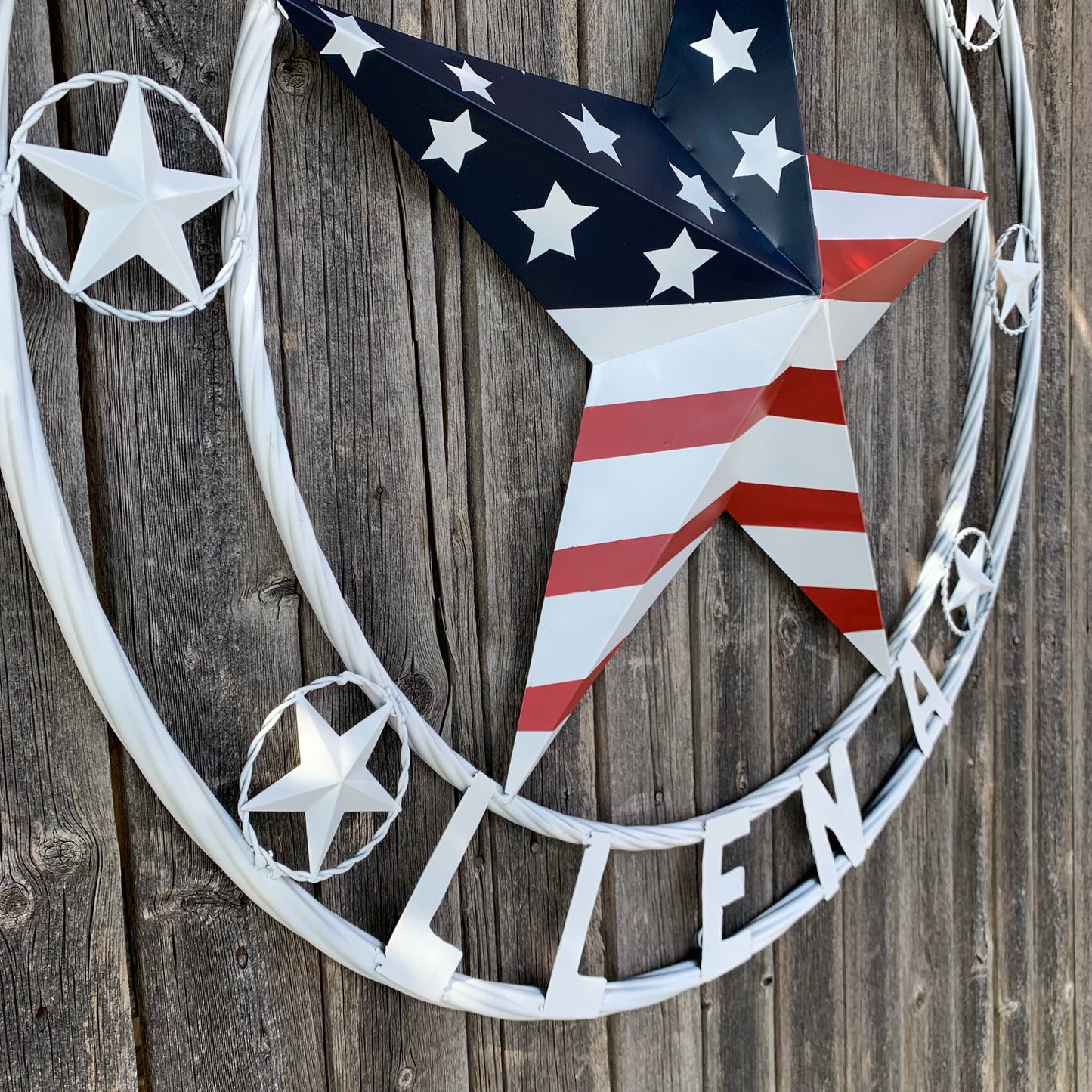 LUNA STYLE CUSTOM NAME BARN STAR METAL STAR 3d TWISTED ROPE RING WESTERN HOME DECOR USA FLAG STAR RED WHOTE & BLUE WITH WHITE RING HANDMADE 24",32",36",50"