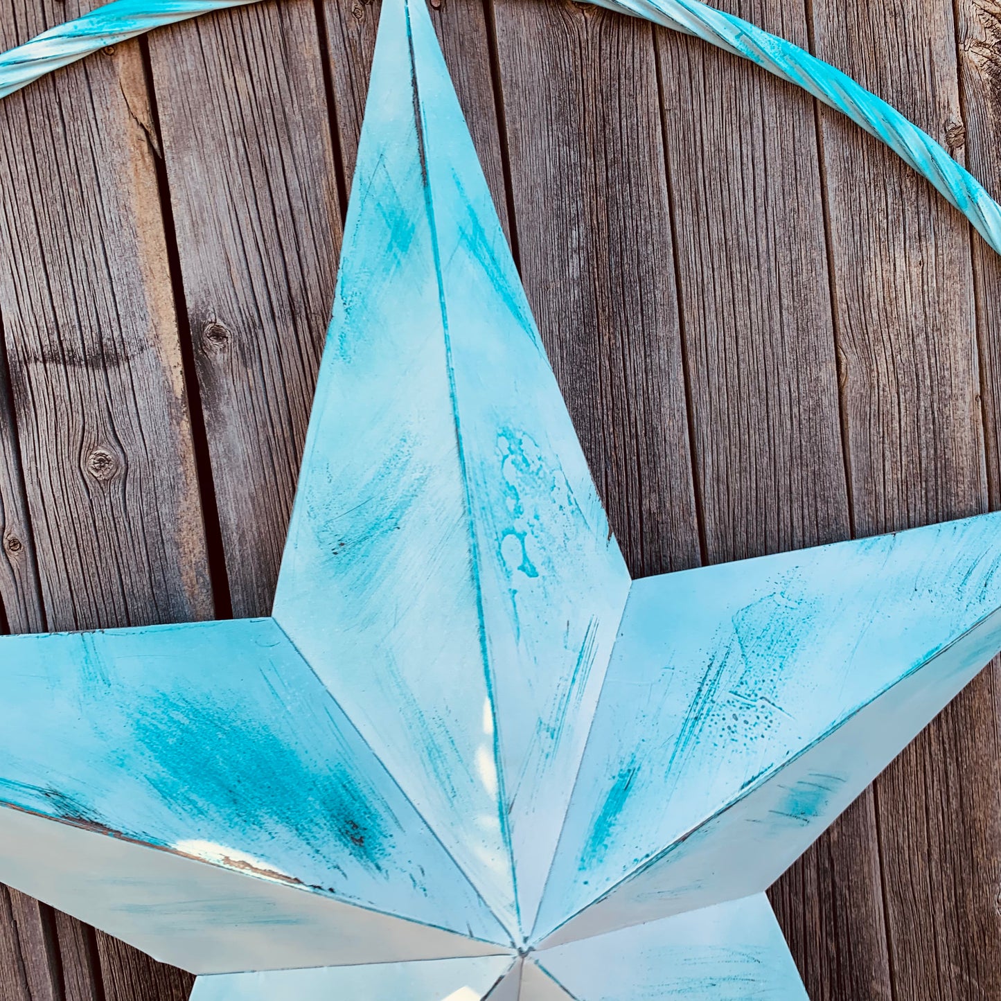 #EH11219 TURQUOISE WHITE DISTRESSED STAR TWO TONE TEXTURE BARN STAR METAL LONESTAR TWISTED ROPE RING WESTERN HOME DECOR HANDMADE NEW