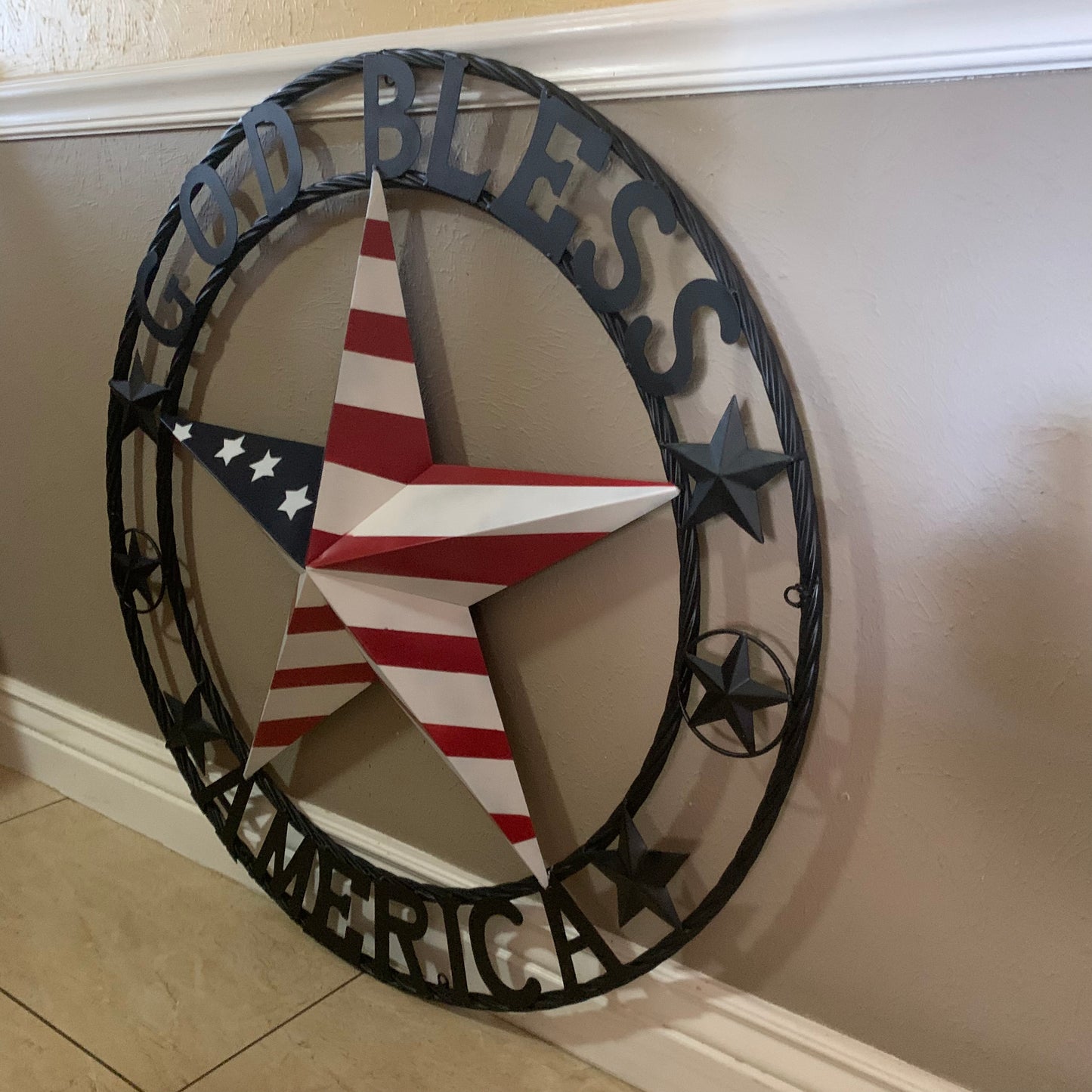 GOD BLESS AMERICA USA FLAG 3d STAR METAL BARN STAR BLACK TWISTED ROPE RING WALL ART WESTERN HOME DECOR RED WHITE & BLUE HANDMADE NEW #EH10490