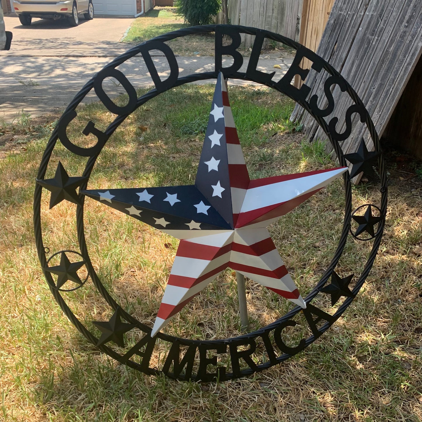 GOD BLESS AMERICA USA FLAG 3d STAR METAL BARN STAR BLACK TWISTED ROPE RING WALL ART WESTERN HOME DECOR RED WHITE & BLUE HANDMADE NEW #EH10490