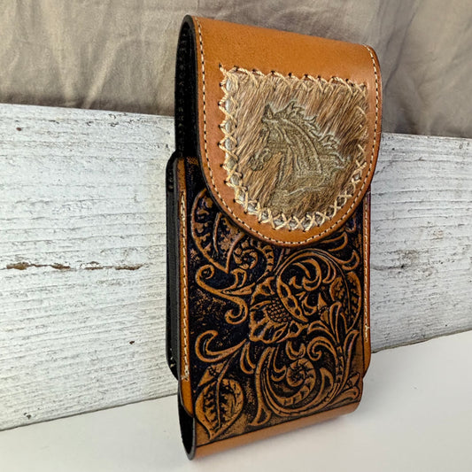 7" HORSE LEATHER HOLSTER TAN POUCH EXTRA LARGE  BELT LOOP CELL PHONE CASE UNIVERSAL OVERSIZE #EH13323
