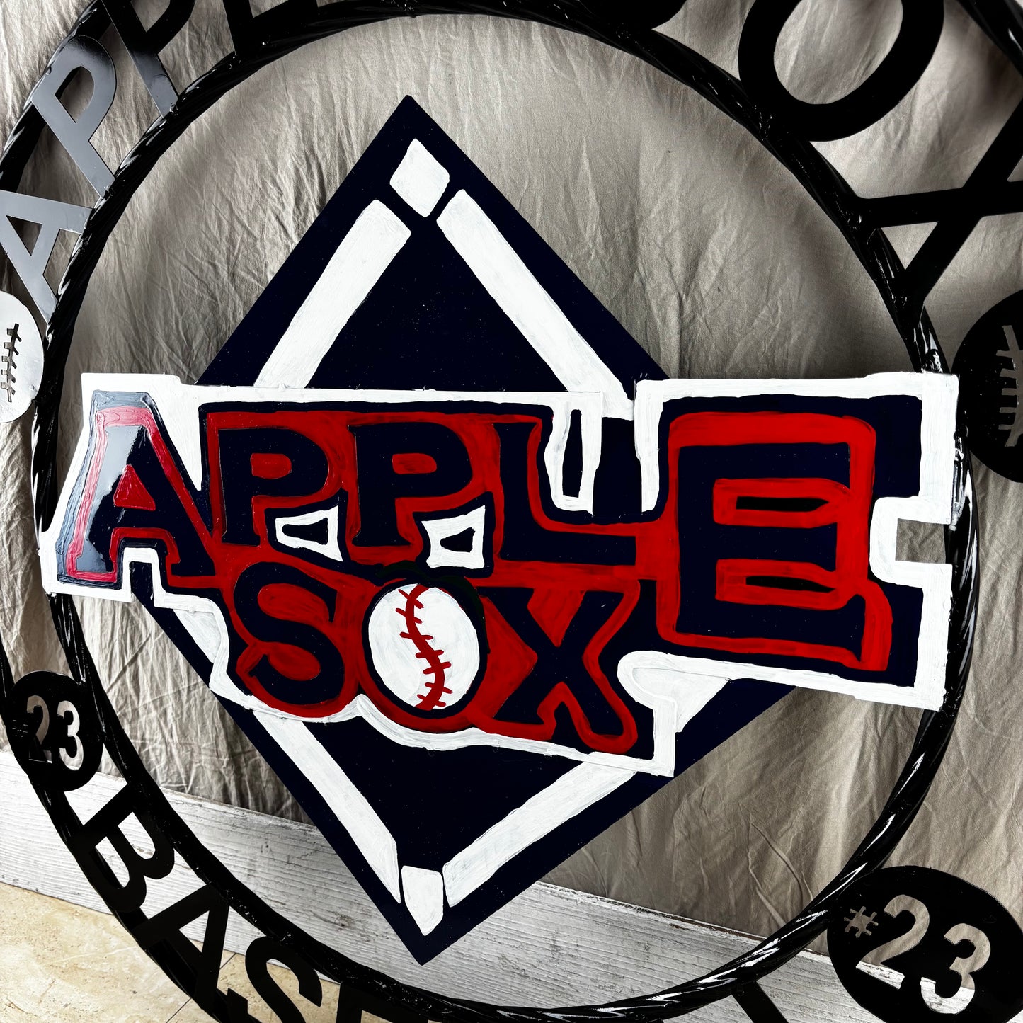 APPLE SOX BASEBALL CUSTOM METAL VINTAGE CRAFT SIGN TEAM NAVY BLUE WHITE RED HANDMADE