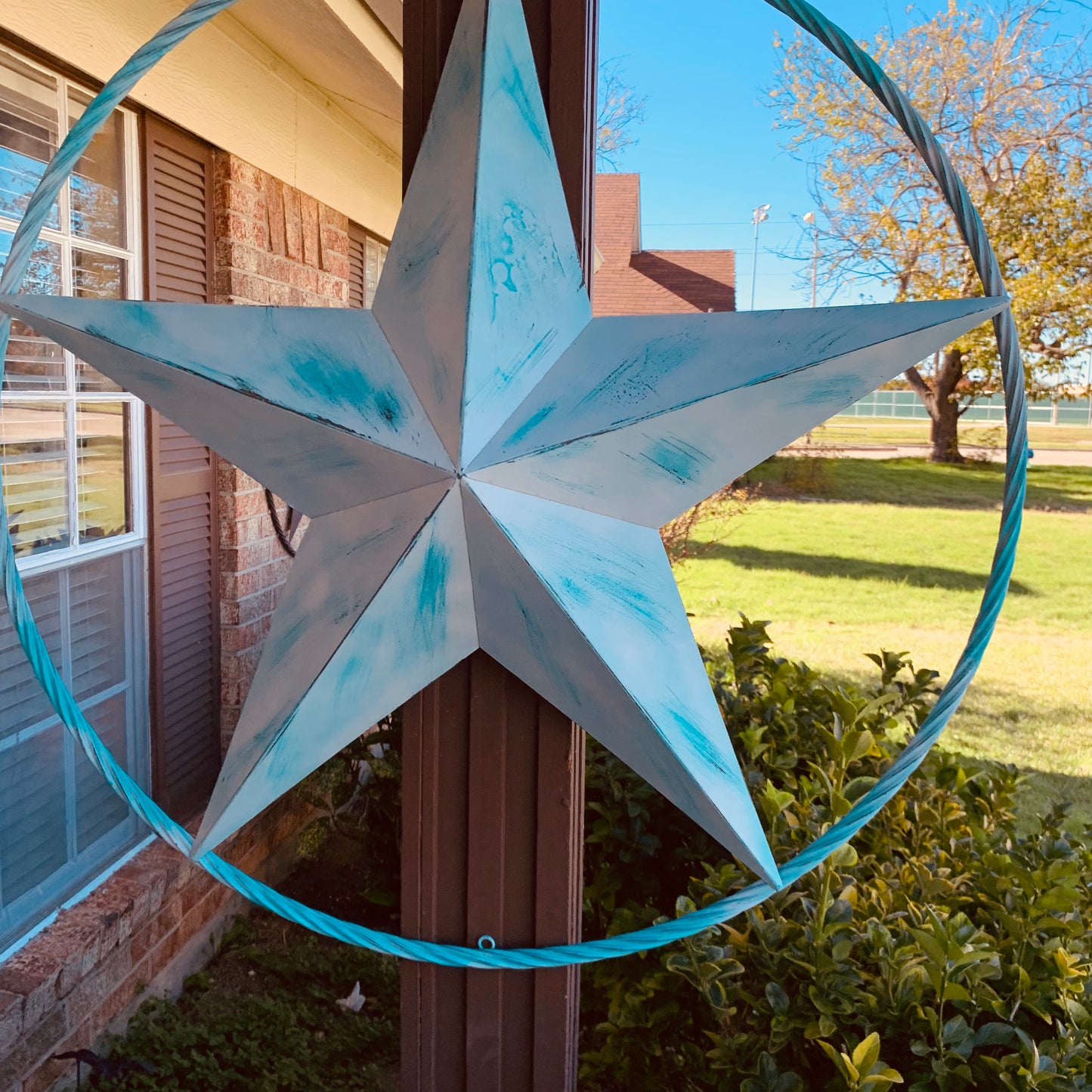 #EH11219 TURQUOISE WHITE DISTRESSED STAR TWO TONE TEXTURE BARN STAR METAL LONESTAR TWISTED ROPE RING WESTERN HOME DECOR HANDMADE NEW