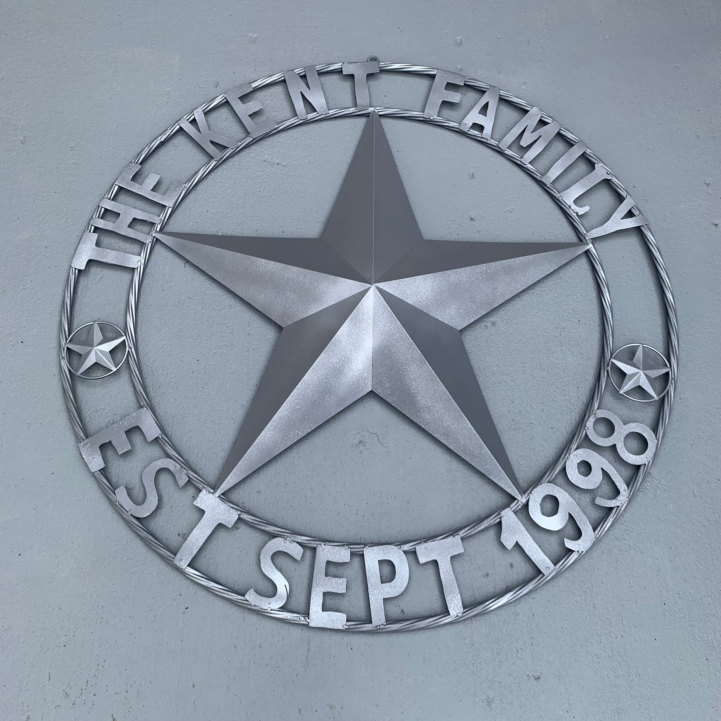 KENT STYLE CUSTOM STAR NAME BARN METAL STAR 3d TWISTED ROPE RING WESTERN HOME DECOR RUSTIC GREY SILVER HANDMADE 24",32",36",50"