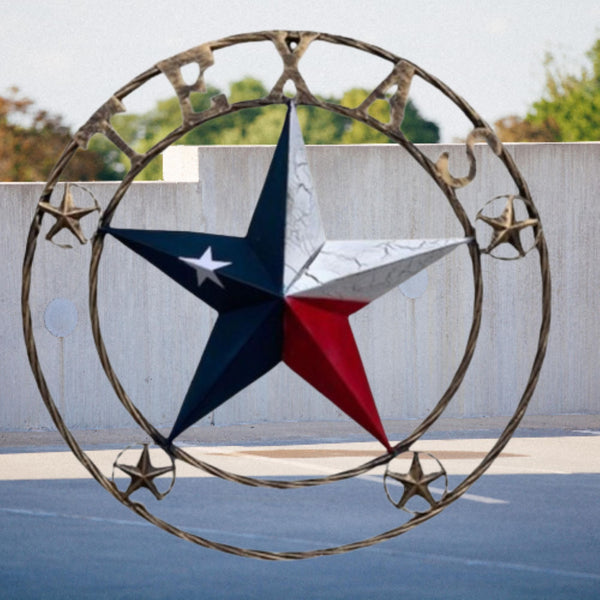 TEXAS CRACKLE STAR TWIST ROPE RING RED WHITE BLUE METAL STAR WESTERN HOME DECOR HANDMADE NEW #EH13051