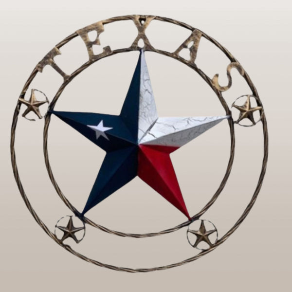 TEXAS CRACKLE STAR TWIST ROPE RING RED WHITE BLUE METAL STAR WESTERN HOME DECOR HANDMADE NEW #EH13051